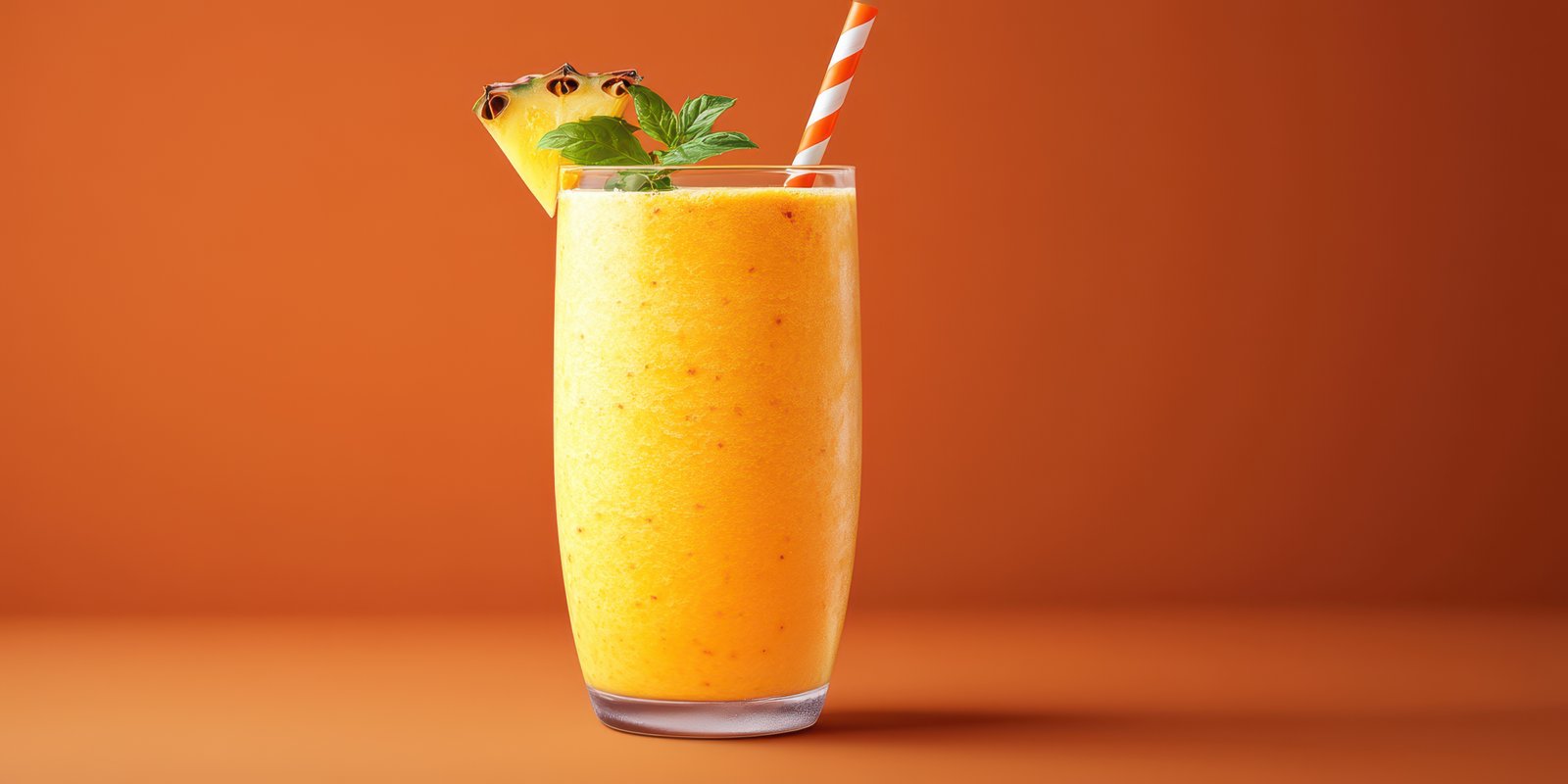 Refreshing tropical smoothie with pineapple and mint served in a clear glass against an orange backdrop